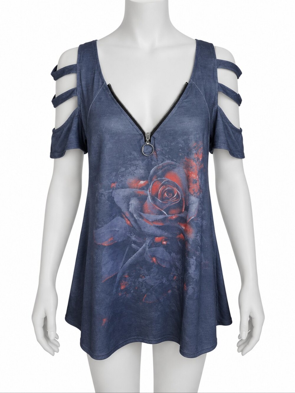 Flamingo Gray Red Fadeout Rose Graphic Cold Shoulder Zip Tunic Top Medium